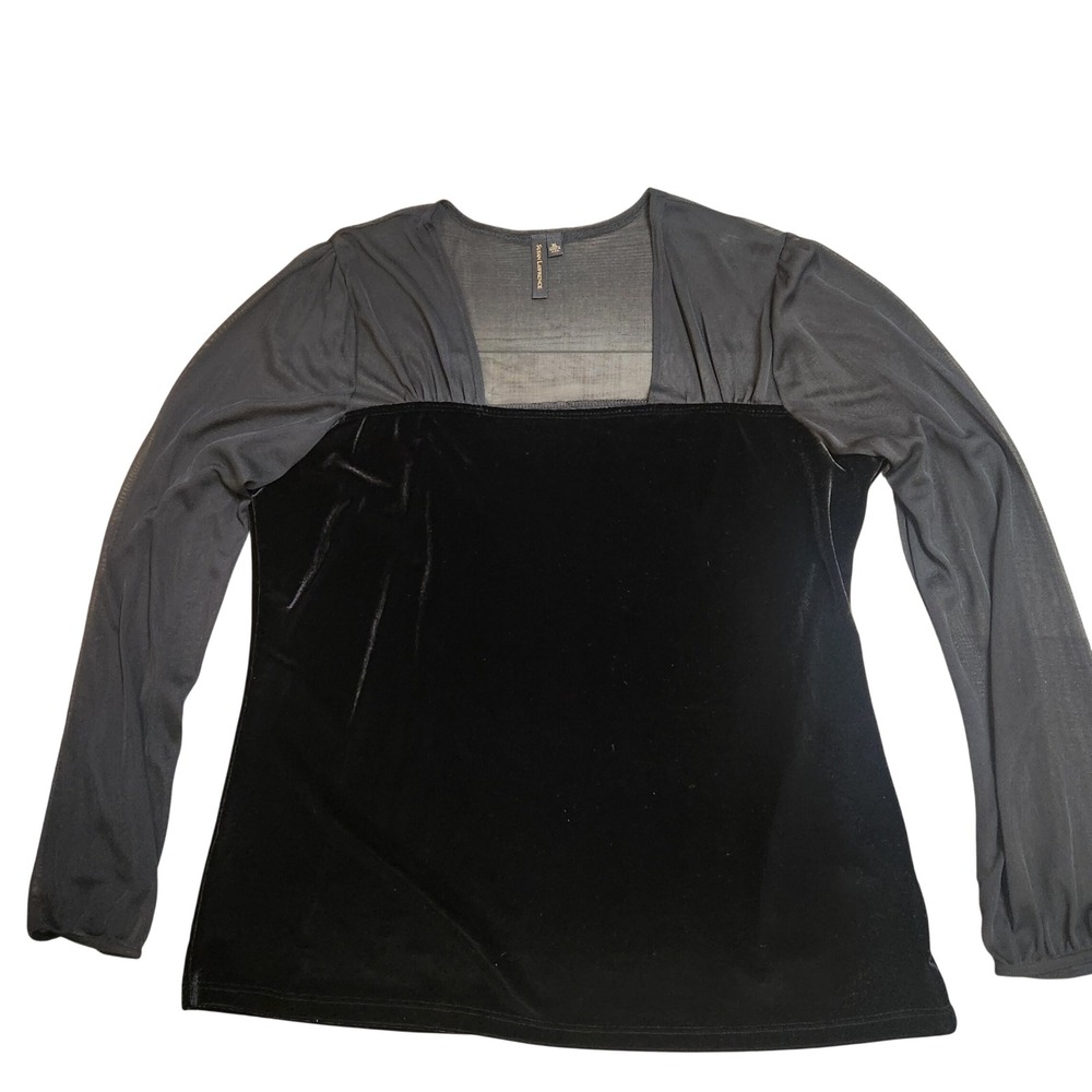 Vintage Susan Lawrence Black Velvet Mesh Illusion Long Sleeve Top XL